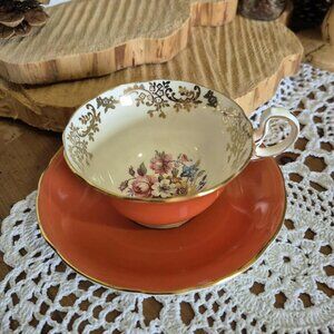 AINSLEY Vintage peach, coral orange & Gold Porcelain Tea Cup